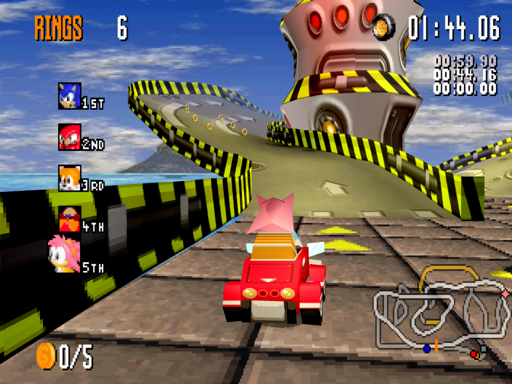 Amy drives toward a slope in the Reactive Factory area.