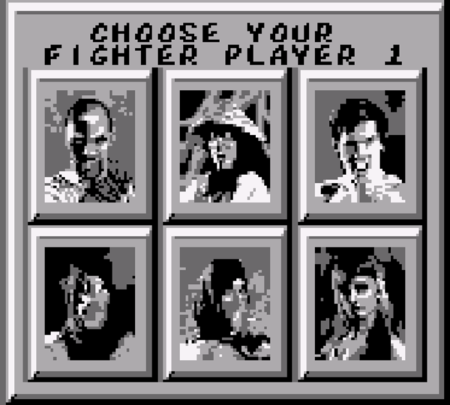 The character select screen in the Game Boy version of Mortal Kombat.