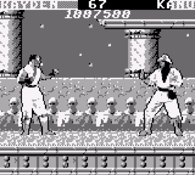 Monks in the background watch Rayden and Kano fight in a match.