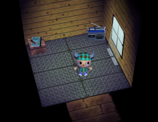 The player stands inside an empty house.