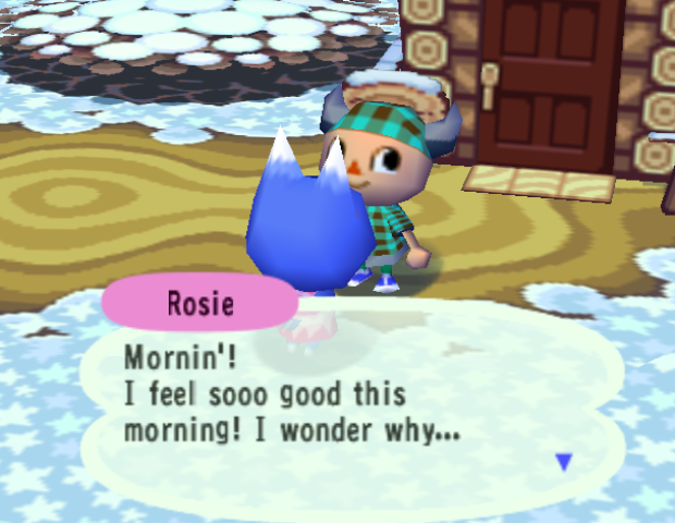 Interacting with a villager during the wintertime in Animal Crossing.