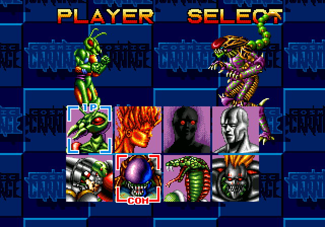 The character select screen in Cosmic Carnage.