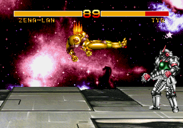 A black hole and galaxy in the background as two characters battle it out in space.