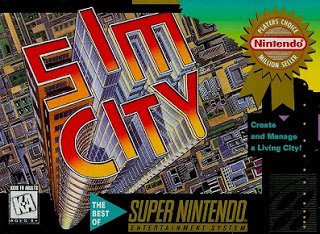 Front cover for SimCity on the Super Nintendo Entertainment System.