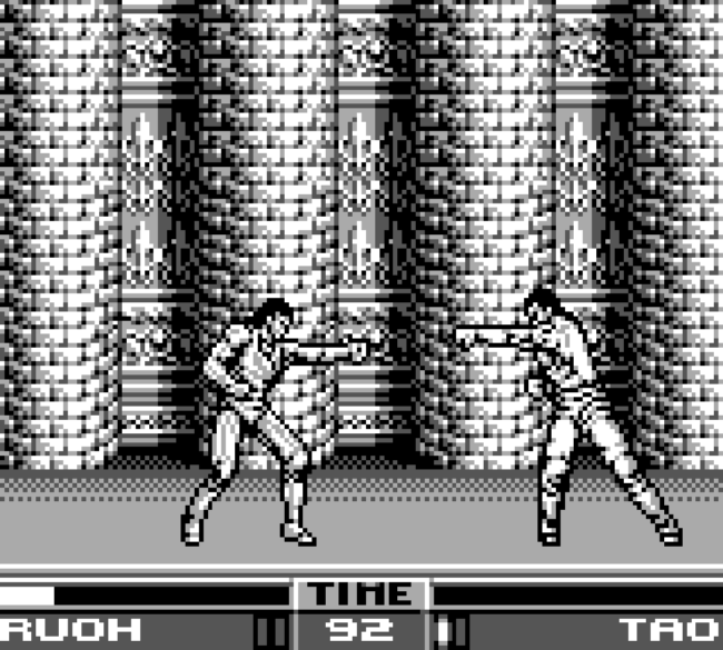 Two characters do battle on the first floor of a tower.