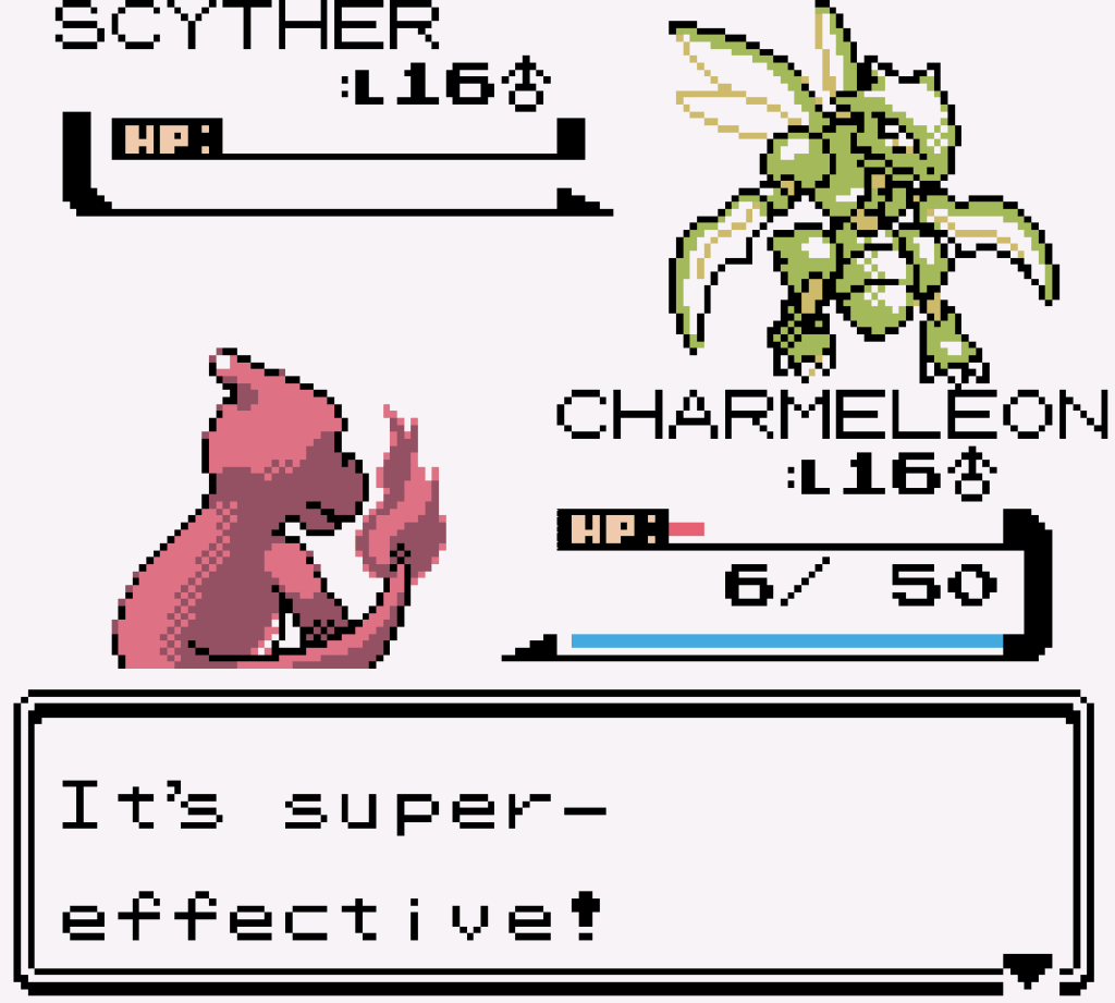 Charmeleon performs a super effective attack against a Scyther.