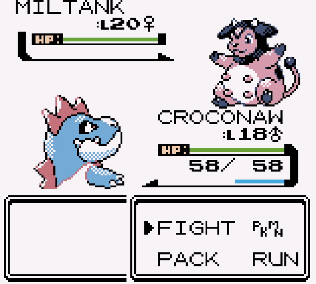 A Croconaw does battle against Whitney's Miltank in a Gym Leader battle.