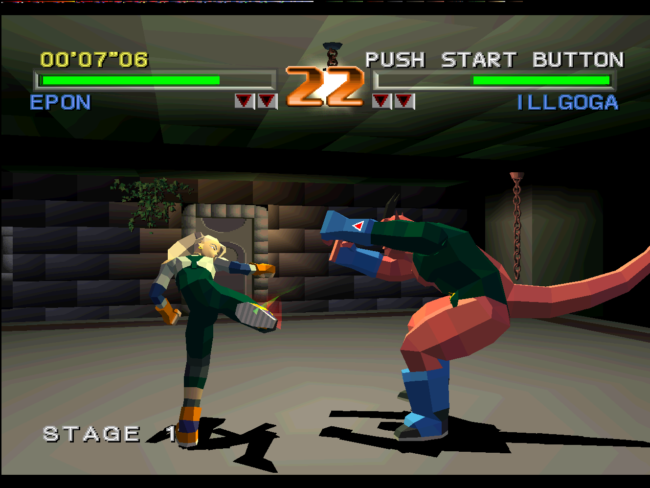 Two characters fight in an underground arena.