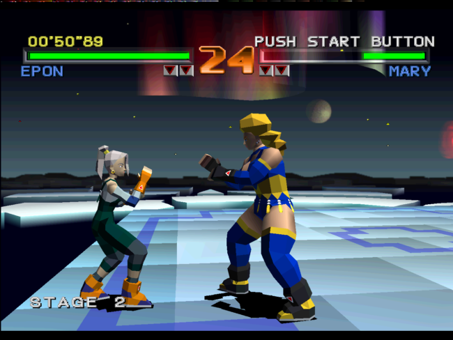 A battle in Tobal No. 1 on an ice planet.