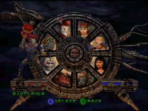 Character select roster in Bio Freaks. A wheel featuring every playable character in Bio Freaks.