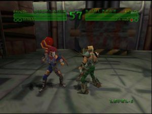 Psyclown and Bullzeye face off against one another. A cyborg clown and android soldier fight in a dreary dungeon.