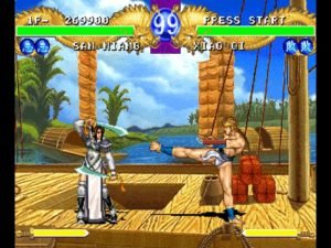 Two samurai fight one another aboard a ship.