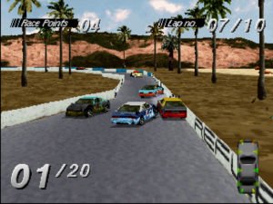 Cars race in the daytime on a narrow course as they crash into each other.