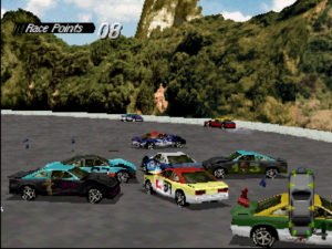 A scene from Destruction Derby wherein a series of cars are smashing into each other.