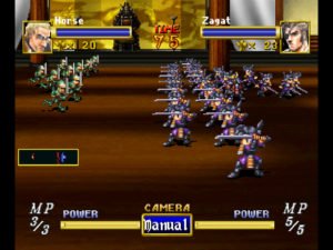 Two enemy armies face off against each other on an indoor battlefield.