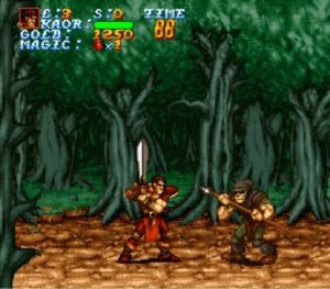 The main character battles fantasy creatures in a forest.