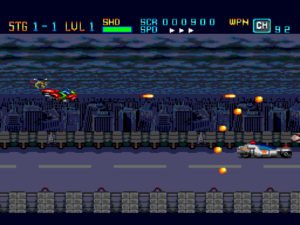 A space ship flies and shoots through a night time scene.