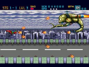 A red ship shoots at a boss character in a city during the day.