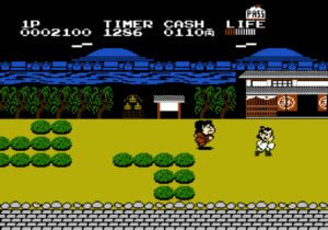 A screenshot of the game where Goemon is running through the streets of a village.