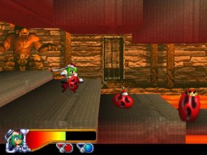 Marina walks through a room with moving platforms and lava on the floor.