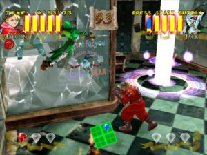 Two characters fight each other in an indoor arena as one is knocked through a glass wall.