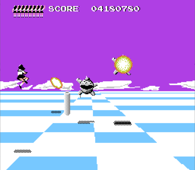 The main character flies through a sky stage.