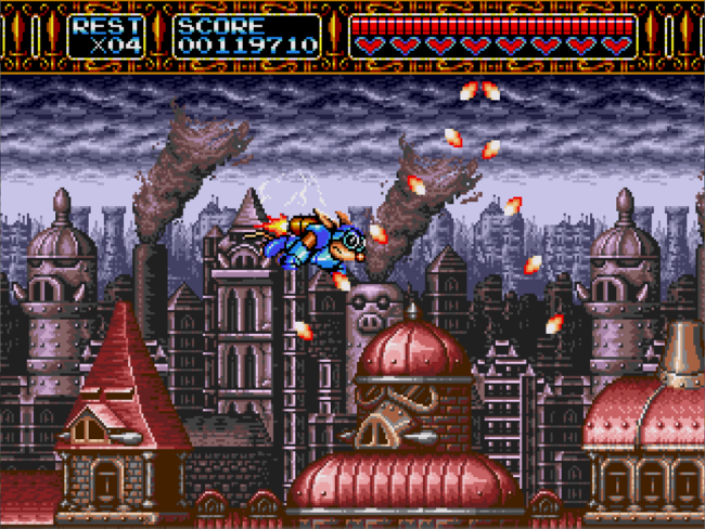 Sparkster flies through a steam punk city dodging projectiles.