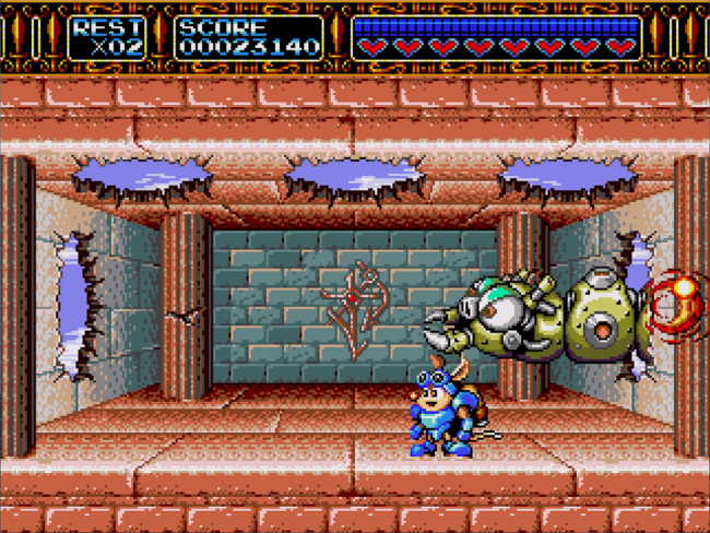 Sparkster stands in an enclosed room while a robotic worm bursts through the wall.