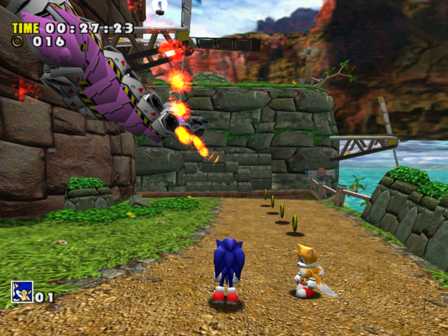 Sonic and Tails in a stage with rings and flying enemies.