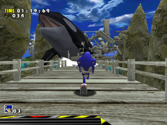 Sonic the hedgehog runs down a pier while an orca jumps out of the water breaking it behind him.