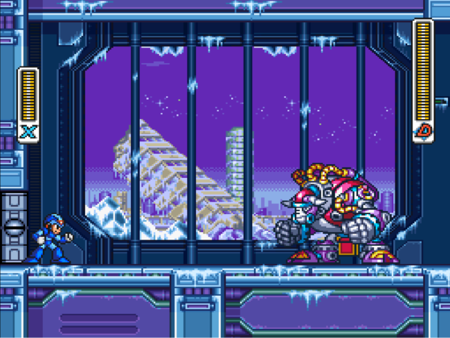Mega Man X faces off against Blizzard Buffalo in his own stage.