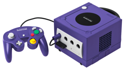 The Nintendo Gamecube console with one controller attached.