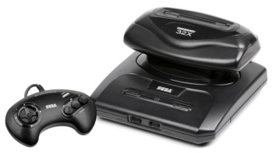 Sega Genesis console with the 32X add-on in the cartridge slot.