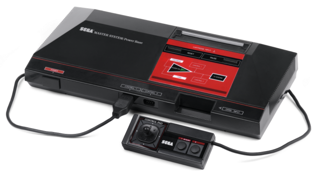 The Sega Master System console with one controller attached.