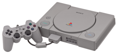 The Sony PlayStation console with one controller.