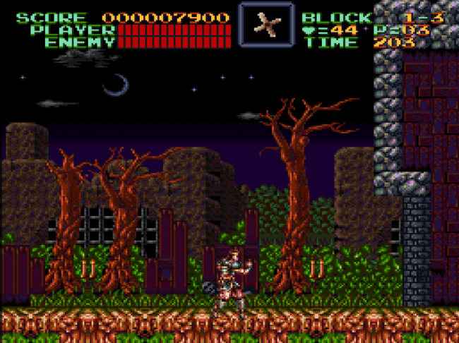 Simon Belmont stands in a forest.