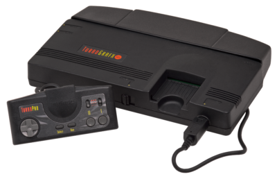 The Turbografx-16 console with one controller attached.