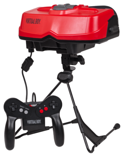 The Virtual Boy console on the stand and a controller attached.