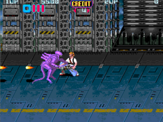 Screenshot from the arcade video game Aliens depicting Ripley fighting against a pink alien.