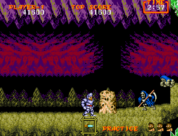 Arthur fights against undead monsters in a sunset scene in the woods.