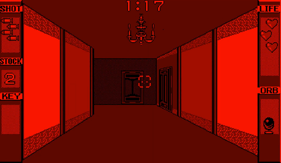 The player walks down an empty hallway toward two different doors.