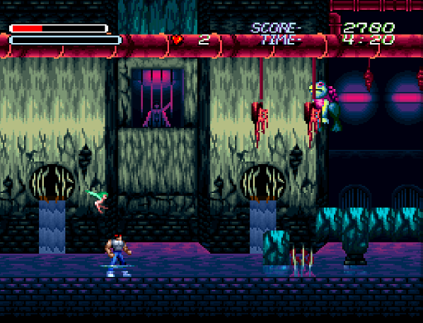 Abel wades through the water in a sewer while a frog enemy approaches.