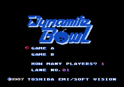 The title screen for the game Dynamite Bowl which is an English friendly import.