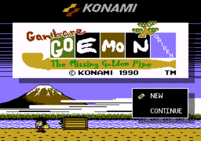 Title screen for the NES import game Ganbare Goemon Gaiden: Kieta Ougon Kiseru.