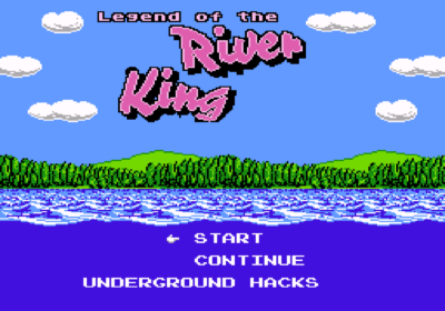 The title screen for the Legend of the River King for the NES.