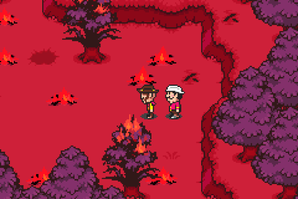 Flint's party wanders through the burning woods.