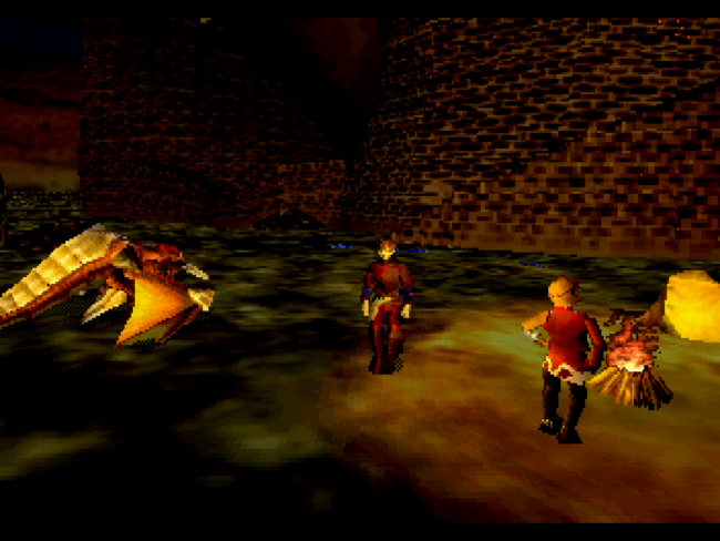 The main character, dragon, and NPC rest up after battle.