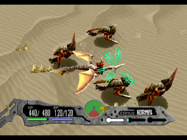 A battle sequence in the desert featuring enemies on the ground.