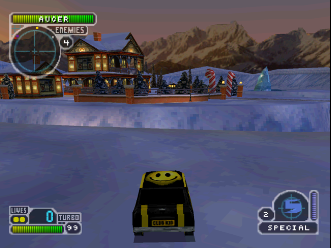 A screenshot of Twisted Metal 3 showing the winter stage.