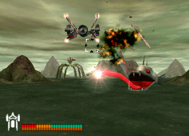 The character's main ship flies through explosions and does battle against a fish monster.